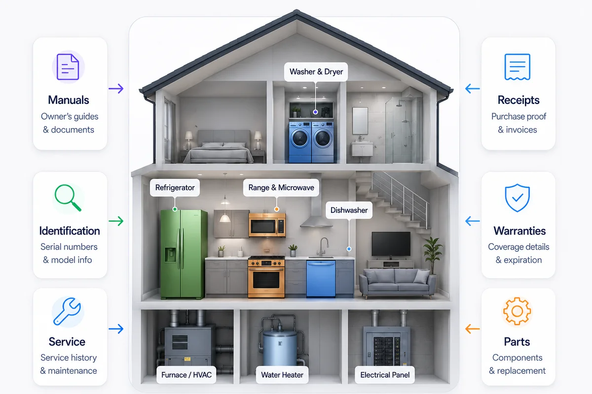 A home ecosystem connecting appliances and equipment to manuals, receipts, warranties, service, parts, and identification records