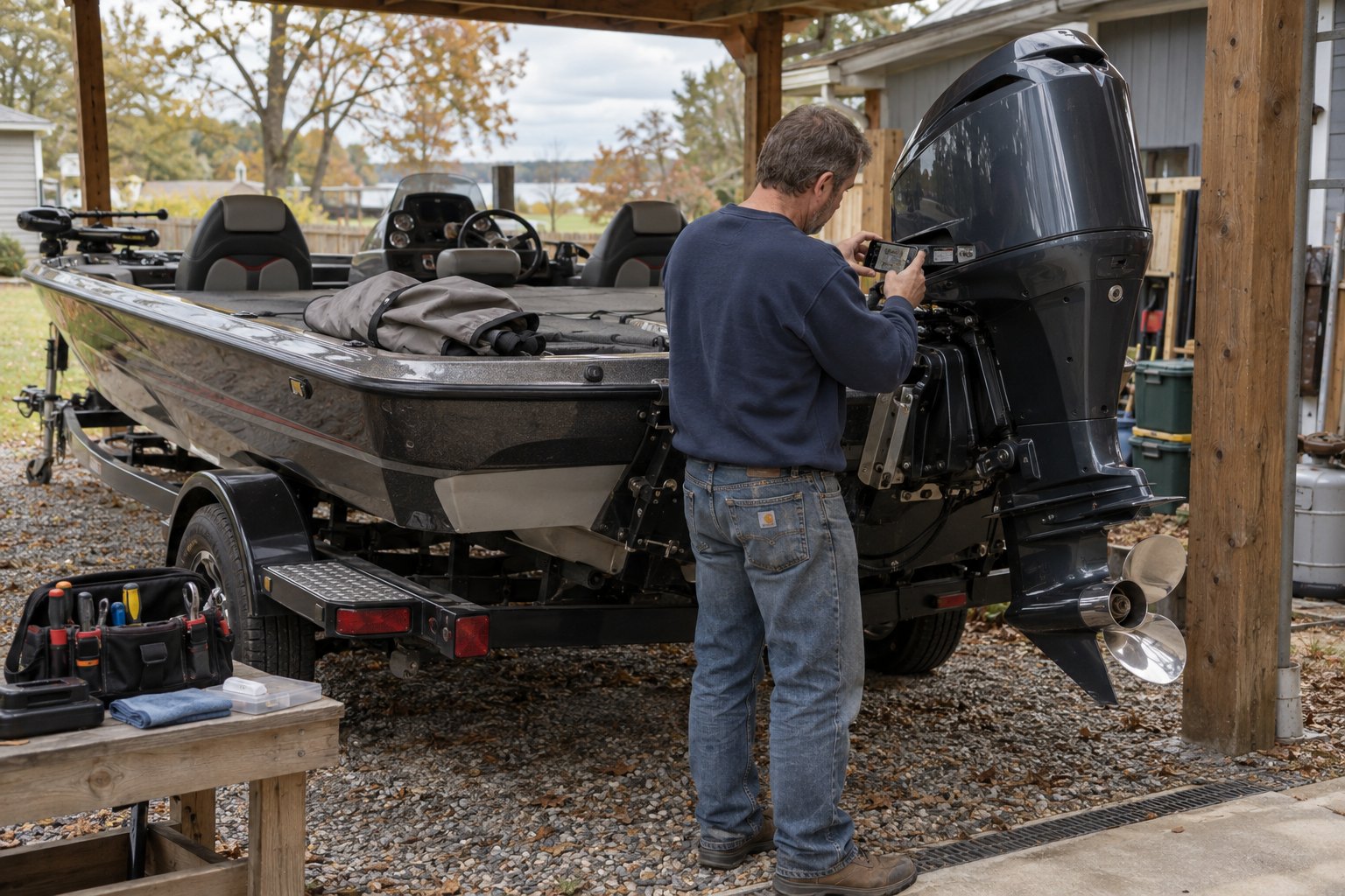 A boat owner photographing his outboard identification plate before winter storage