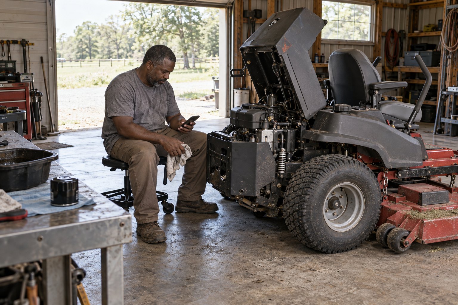 An equipment owner logging service beside his parked zero-turn mower
