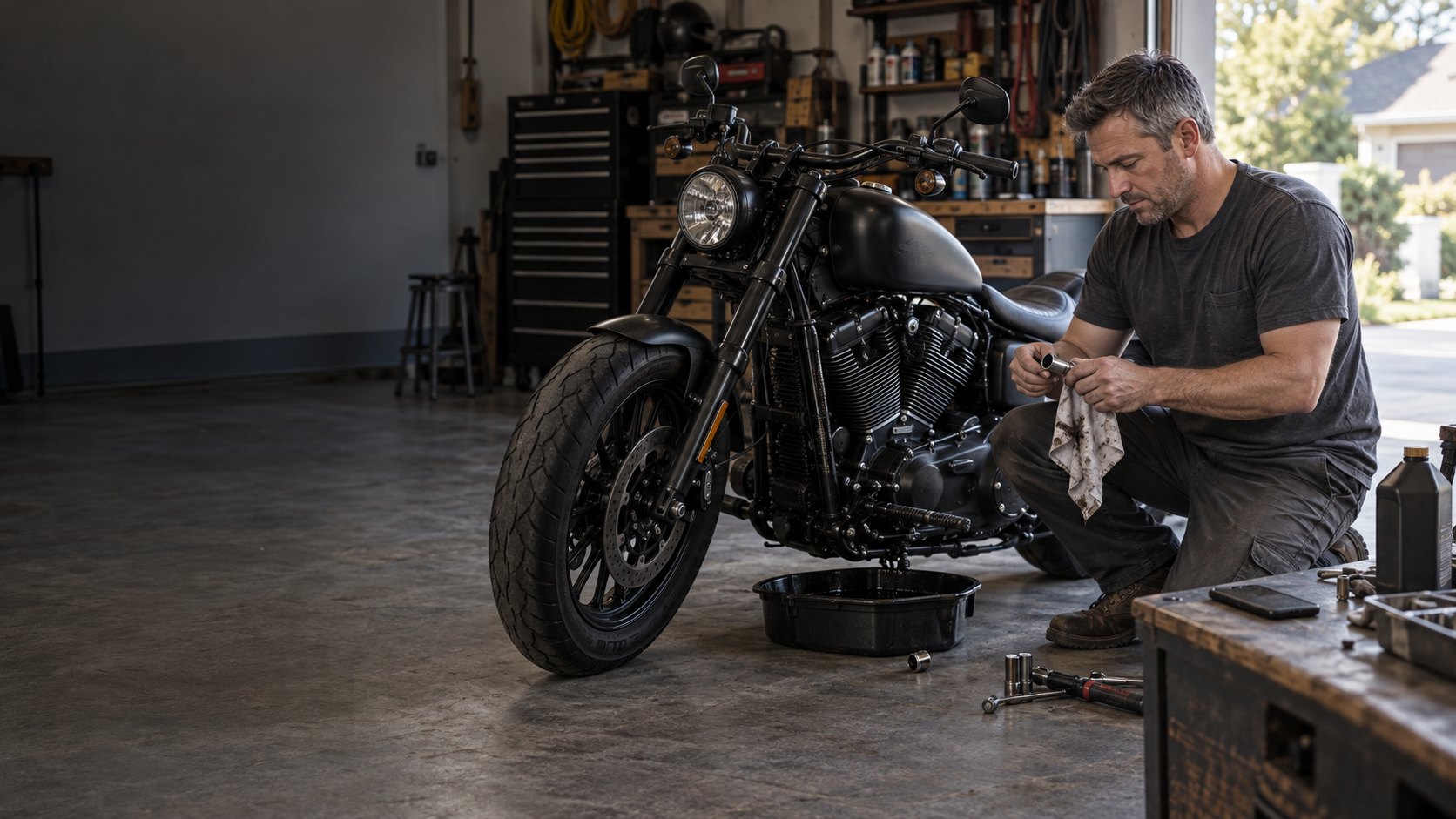 A homeowner finishing an oil change on his motorcycle in the garage