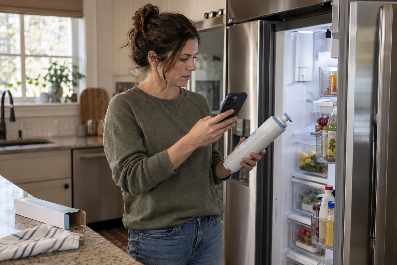 A woman matching her refrigerator water filter with the saved information on her phone