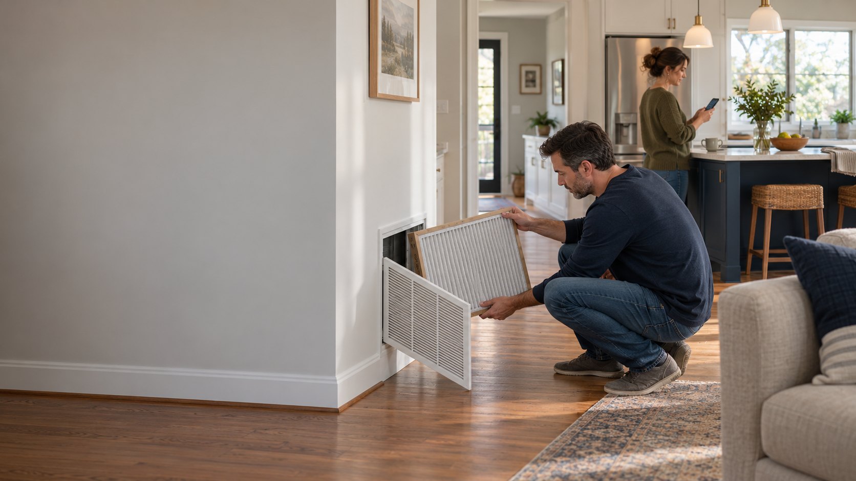 Homeowners coordinating a furnace filter replacement in their home
